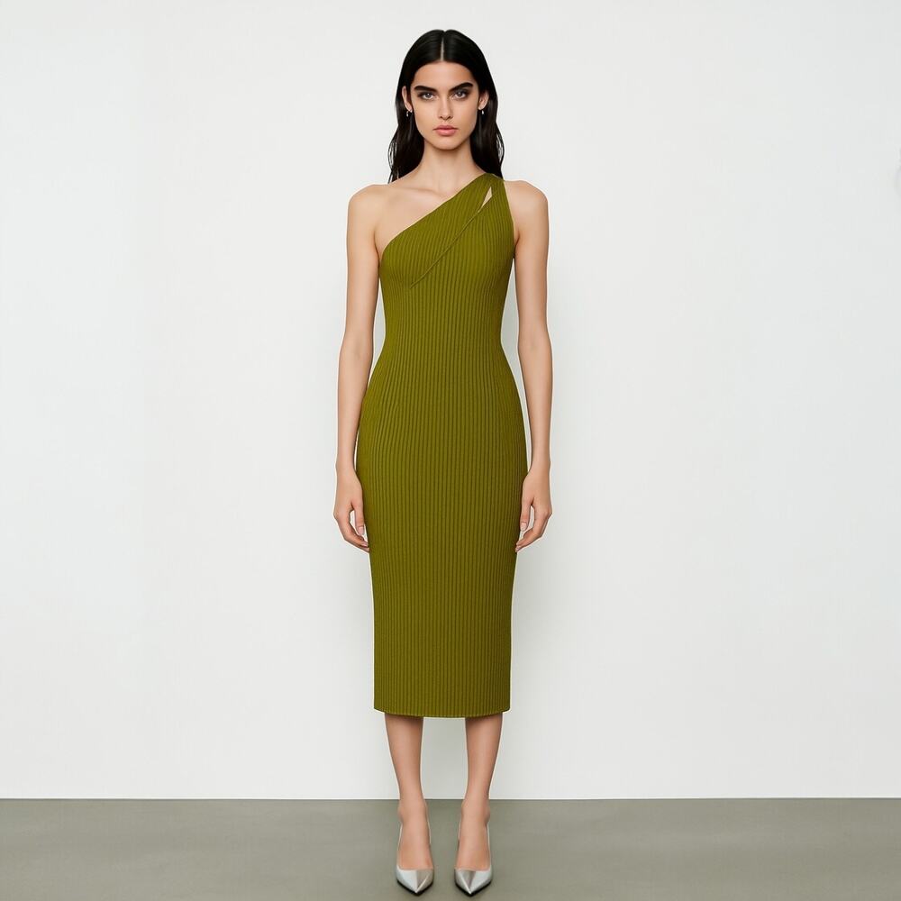 Zara Green Rib Knit Sleeveless Asymmetric One Shoulder Midi Bodycon Dress Sz S